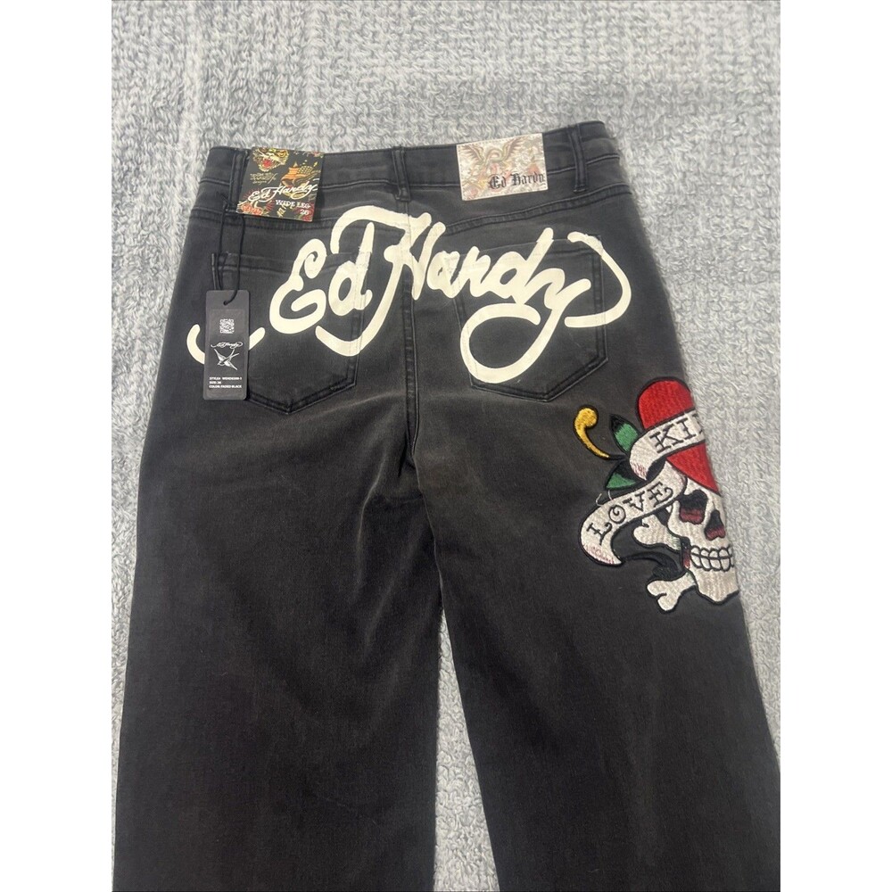 Ed Hardy wide leg distressed gray jeans Sz 26 Grunge Goth Motorcycle